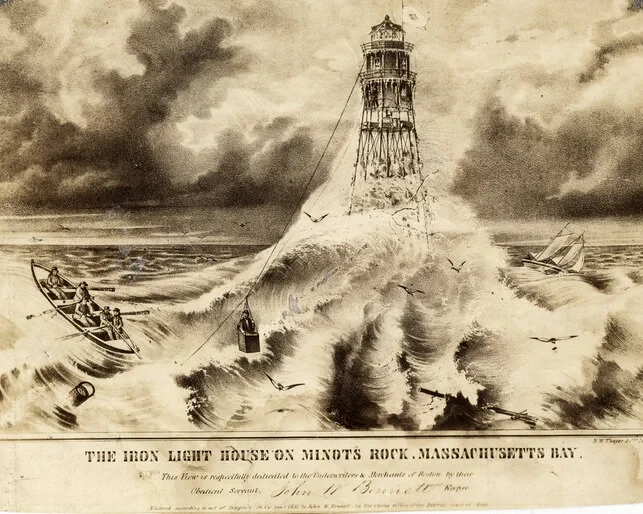 Cohasset lighthouse with copper dome overlooking the harbor